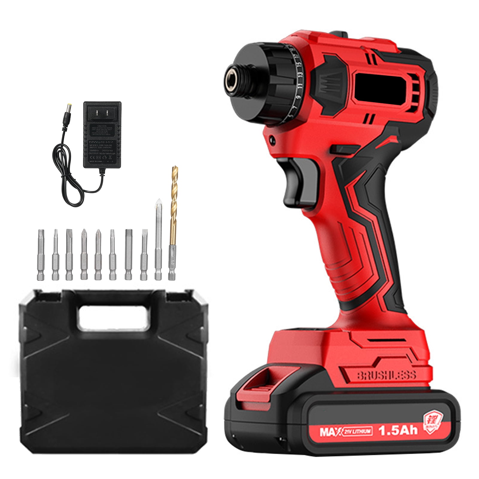 TFixol 21V Brushless Cordless Screwdriver Kit with 10 Drill Bits, Dual-Speed Adjustable, 110-240V, Red & Black, 1 Battery & Charger Included