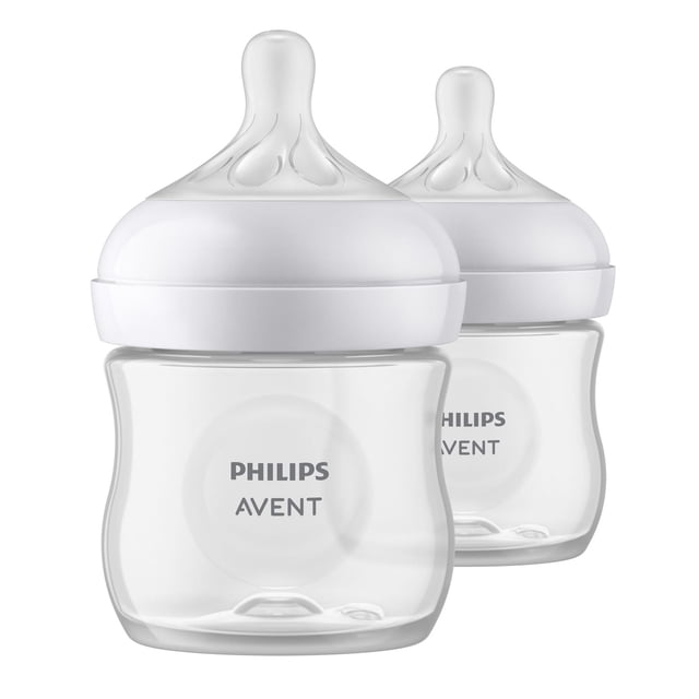 Philips Avent Natural Baby Bottle with Natural Response nipple, clear 4oz 2-pack, featuring a wide breast-shaped nipple that mimics breastfeeding, no-drip design, and anti-colic valve to reduce discomfort, made from BPA-free polypropylene for easy cleaning and baby-controlled milk flow.