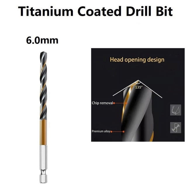 1 Pcs HSS High Speed Steel Titanium Coated Drill Bit Set 1/4 Hex Shank 6mm