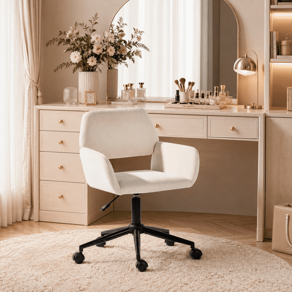 Homy Casa Modern Upholstered Makeup Desk Chair with Adjustable Height Armrests for Vanity Bedroom, Beige Fabric