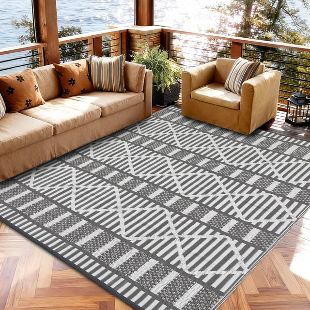 Garvee 8'x10' Outdoor Rug Waterproof Outdoor Patio Rug Mat, Reverisble Plastic Straw Outdoor Rug for RV Camping Picnic Beach Balcony, Grey and White