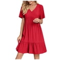 thumbnail image 1 of Robe à Volants à Étages pour Femmes Grande Taille, Été, Manches Courtes, Robe Babydoll Décontractée, V Neck, Robes pour Dames, Rouge, G, 1 of 7
