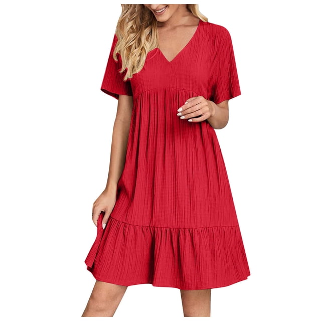 Robes à Volants pour Femmes Grande Taille Été à Manches Courtes Robe Babydoll Décontractée V Neck Robes pour Dames en Rouge, Taille G. Cette Robe d'Été Grande Taille Présente un Tissu Texturé, une Coupe Ample, un Ourlet à Volants à Étages et des Manches Courtes, Parfaite pour les Sorties Décontractées Ou les Événements par Temps Chaud.