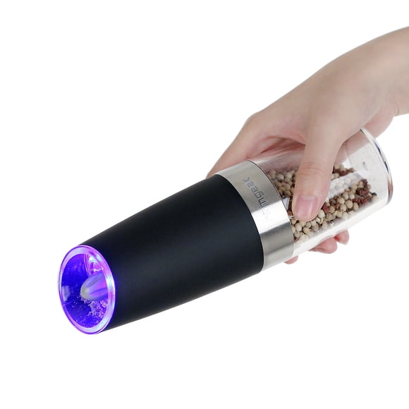 Homgeek Portable Automatic Electric Gravity Pepper Grinder Blue LED Light Salt Mill Muller BPA Free Kitchen Seasoning Grinding Tool Black