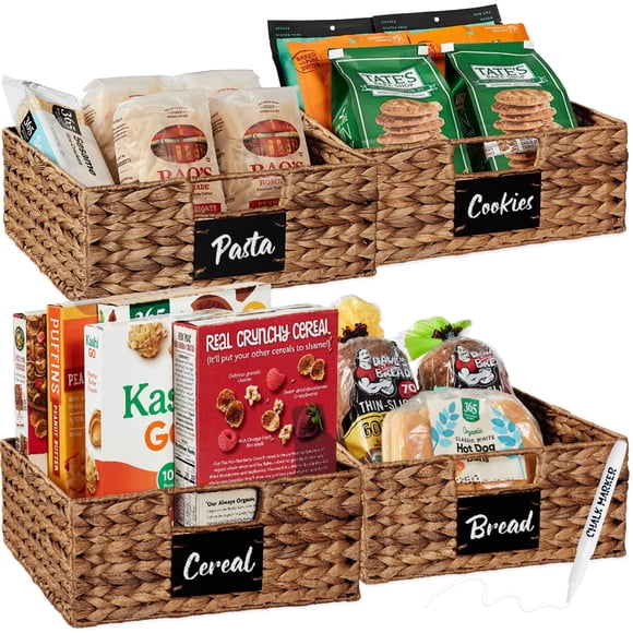 Best Choice Products Set of 4 13in Woven Water Hyacinth Pantry Baskets w/ Chalkboard Label, Chalk Marker - Chestnut