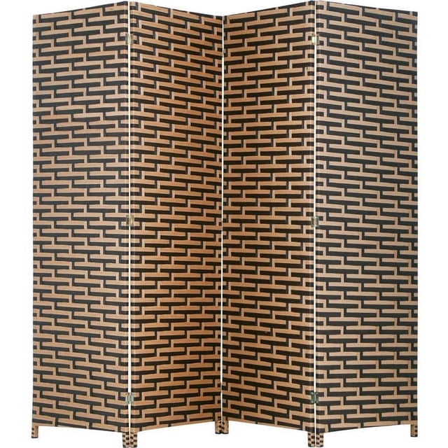 FDW Room Divider Wood Screen with 4 panels featuring a woven mesh design in a black and natural wood pattern. This folding, portable partition measures 71 inches in height and 70.5 inches in width when fully extended, ideal for dividing spaces or creating privacy in home or office environments.