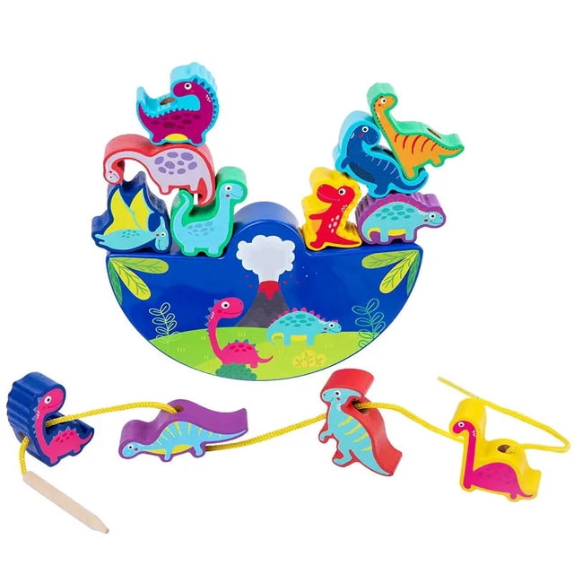 Graflsoa Dinosaur-Themed Wooden Balancing Stacking Blocks for Kids - Educational Animal Shape Building Toy with Rope for Enhanced Hand-Eye Coordination and Patience Development