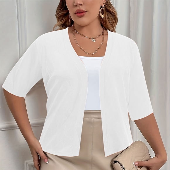 CFLVAEK Fall Cardigan Sweaters for Plus Size Women Casual Short Sleeve Open Front Shrugs Soft Solid Color Cropped Boleros Lightweight Cardigans Cover Ups