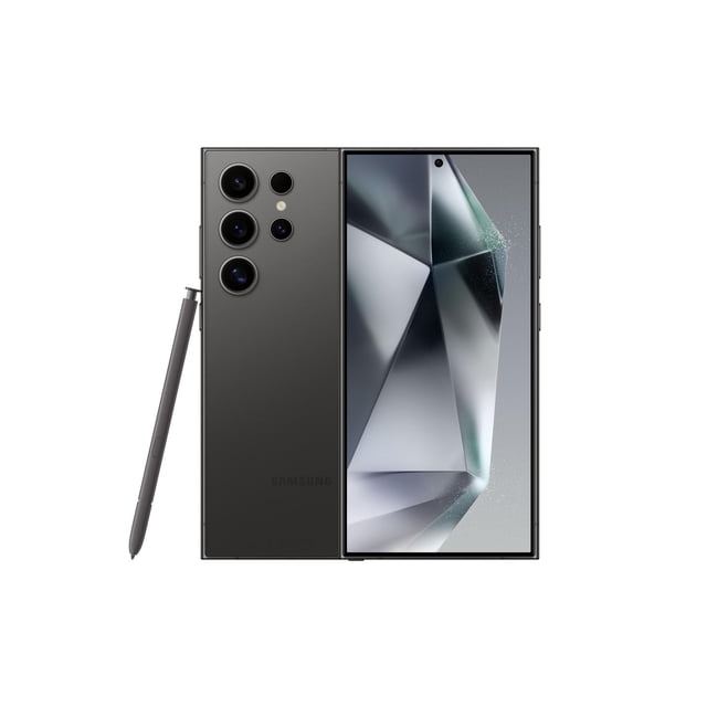 Samsung Galaxy S24 Ultra 256 GB unlocked phone shown front and back with a matte dark finish, featuring a large bezel-less display with a centered punch-hole front camera, quad rear cameras with Nightography Zoom, and an S Pen stylus, suitable for creative and productivity tasks.