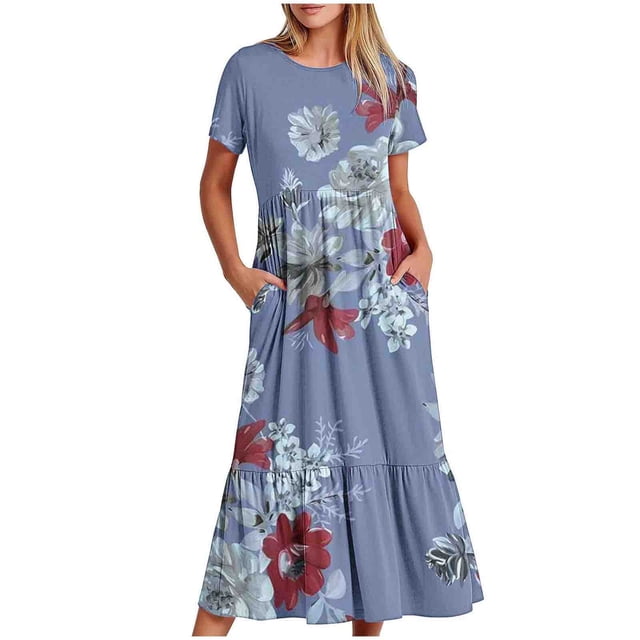 Pisexur Robes d'Été pour Femmes à Col Rond, Robe Fluide Plissée Tendance à Manches Courtes, Mode avec Poche, Robe d'Été de Plage Évasée à Imprimé Floral