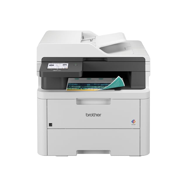 Brother MFC-L3720CDW wireless color laser all-in-one printer with white and black design, 3.5-inch color touchscreen, output tray holding a color document, and Brother logo on front, offering fast print speeds, automatic document feeder, and wireless connectivity for efficient home or small office use.
