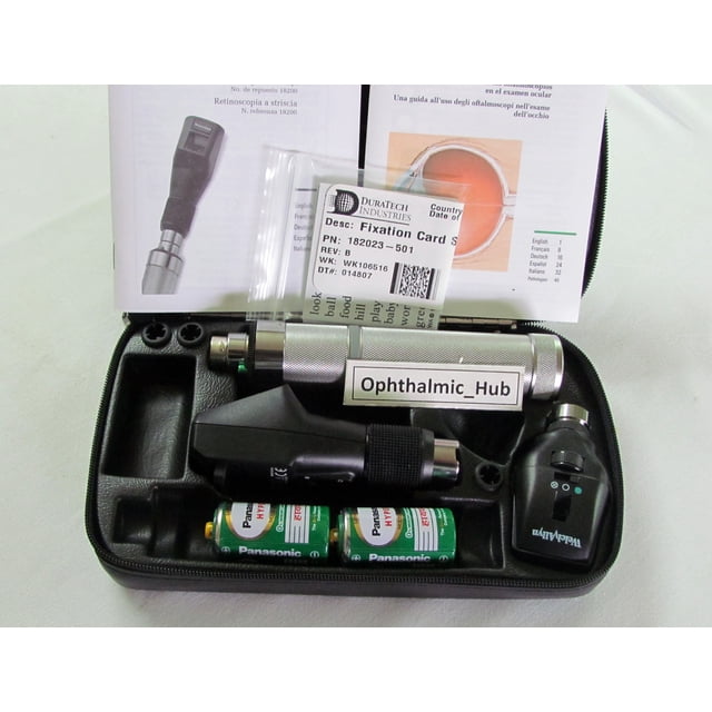 Welch Allyn Ensemble de Rétinoscope / Ophtalmoscope 3,5 V avec Poignée et Étui, Incluant une Tête d'Ophtalmoscope Coaxiale 11720, une Tête de Rétinoscope à Stries Élite 18240, Poignée C-Cell 3,5 V Sans Piles, Ensemble de Cartes de fixation et Étui Rigide. Idéal pour la Précision Diagnostique et les technologies Optiques Lors des Examens Médicaux.