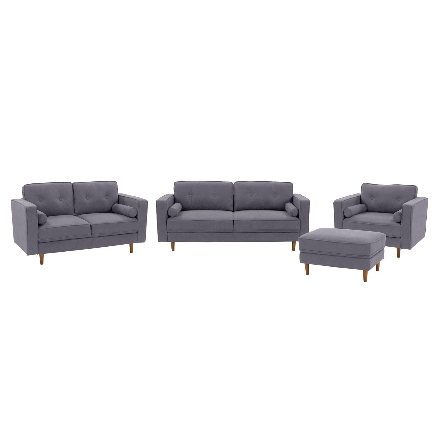 Ensemble de salon CorLiving Mulberry 4 pièces, rembourré en microfibre, style milieu de siècle moderne, avec causeuse, canapé, fauteuil et pouf, gris