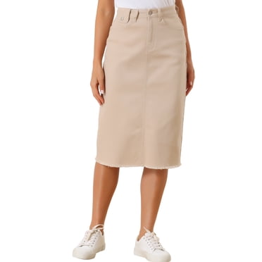 Unique Bargains Women's Casual High Waisted Raw Hem Short Denim Skirt, Apricot, M