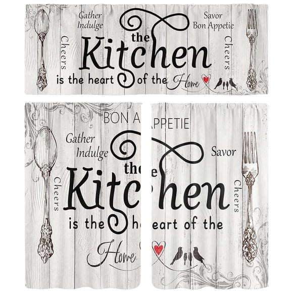 Tier Curtain With Fork & Print Kitchen Cafe Curtain For Cabinet Shelf. Natural Woodgrain Design Window For Fresh & Cozy Decor