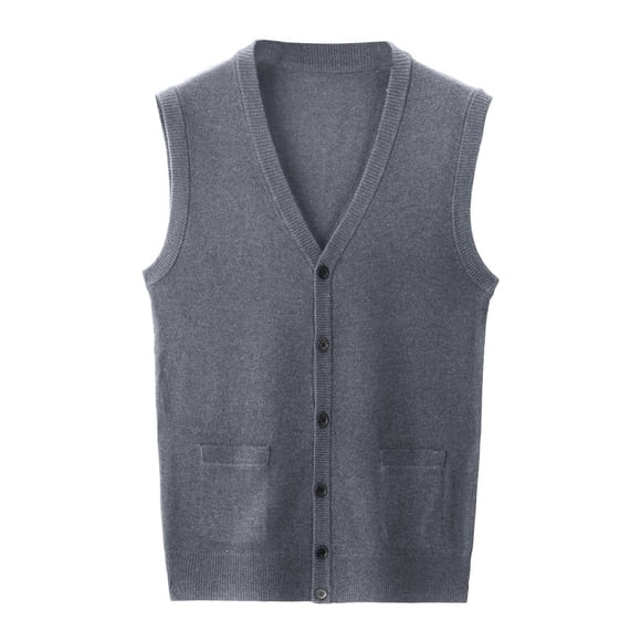 Men's Sweater Vest for Autumn and Winter – V Neck Pure Color Wool Collarless Knit Vest with Buckle Detail Non Hooded Basic Sleeveless Layering Top for Men