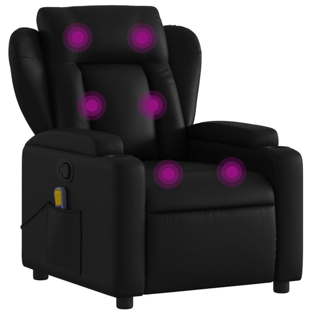 vidaXL Massage Recliner Chair in black faux leather designed for living room seating. Features include six vibration massage points, a manual reclining function with a side handle, two cup holders, and a side pocket for storage. The thickly padded seat, backrest, and wide armrests offer comfort, while the faux leather material is durable, stain-resistant, and easy to clean. The chair has a sturdy wood and metal frame with a maximum load capacity of 110 kg. Dimensions are 77 x 94.5 x 100 cm upright and 77 x 149.5 x 78 cm reclined.