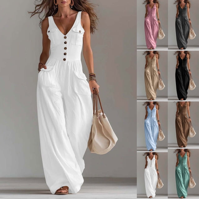 Sentmoon Travel Jumpsuits for Women Sleeveless V Neck Women Rompers and Jumpsuits Button Down Regular Fit Wide Leg Overalls for Women Summer for Club and Bar S-2XL