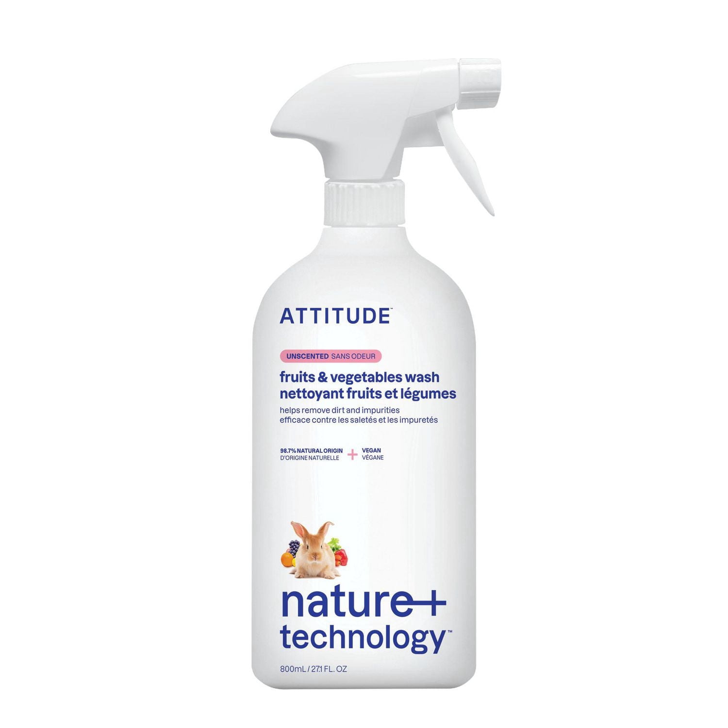 ATTITUDE nature+ technology, Nettoyant pour Fruits et Légumes, Sans Odeur, 800ml