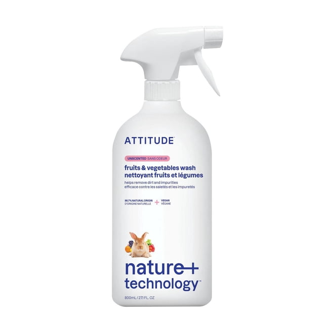 ATTITUDE nature+ technology fruit and vegetable wash unscented in an 800ml white spray bottle with trigger nozzle, vegan and 98.7% natural origin, removes dirt, wax, and impurities from fresh produce, label shows a rabbit with fruits and vegetables.