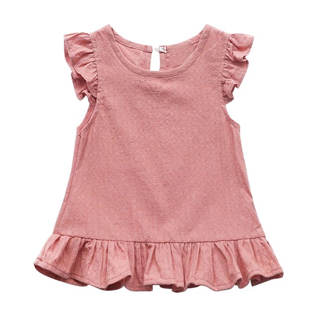 LLYWEY Toddler Girls Ruffle Tops, Baby Girl Linen Ruffles Hem Sleeveless T-Shirts, Kids Solid Color Keyhole Back Summer Round Neck Sleeveless Loose Casual Blouses Shirts, Style-T-12, Pinks, 6T