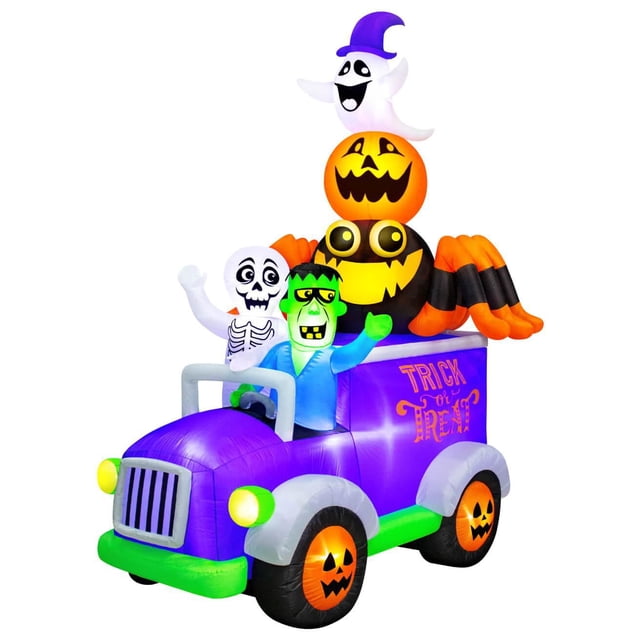 Occasions Halloween 10.5 Foot Inflatable Halloween Truck with Skeleton, Frankenstein, Spider, Pumpkin and Ghost featuring a purple inflatable truck with green bumper and glowing jack-o'-lantern wheels, carrying a green Frankenstein figure waving from the driver's seat, a white skeleton waving from the back, a large black and orange spider with a jack-o'-lantern head, and a white ghost wearing a purple witch hat on top, designed for indoor or outdoor use with weather-resistant material and built-in blower.