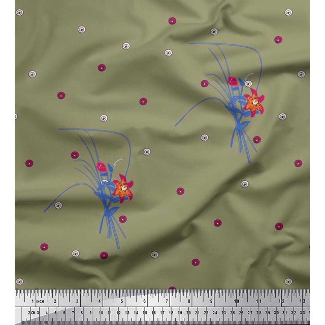 Soimoi Rayon Fabric Leaves & Lily Floral Printed Fabric 1 Yard 56 Inch Wide