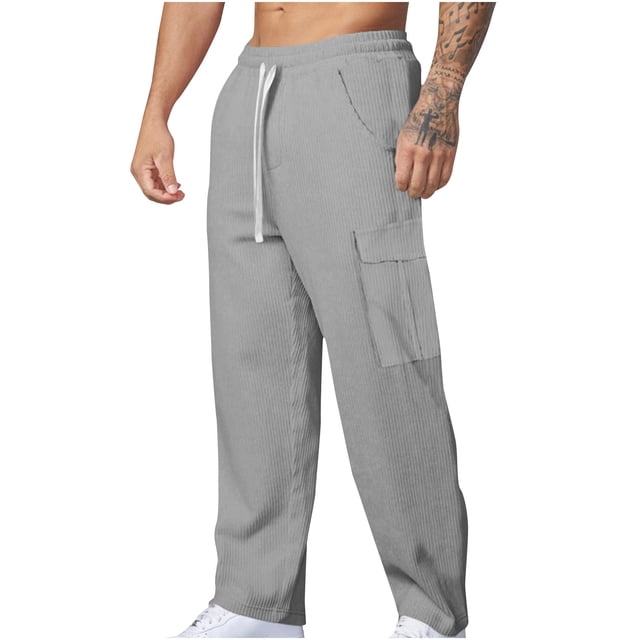 RKSTN Mens Pants Loose Soft Solid Color Elastic Waist Straight Tube Drawstring Pocket Workwear Pants Outdoor Hiking Workout Pants