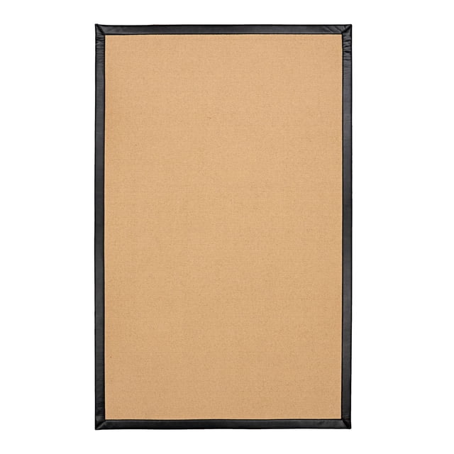 Athena Sisal & Black PU 4' x 6' Accent Rug with a natural beige wool sisal center and black faux leather binding, rectangular with mitered corners, tufted and hand-sewn in the USA, suitable for layering in transitional home decor and ideal for small spaces like bathrooms or entryways.