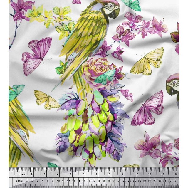 Soimoi Green Viscose Chiffon Fabric Floral,Insect & Parrot Bird Decor Fabric Printed BTY 42 Inch Wide