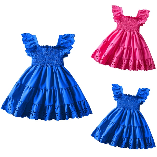 Zwiiyzr 1-6Y Girl's Solid Colour Smocked Dress Ruffled Short Sleeve A Line Midi Dress Ruffle Hem Square Neck Flared Swing Summer Dresses Blue