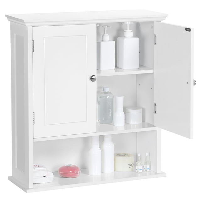 Yaheetech Armoire Murale à 4 Niveaux avec Tablette pour Salon, Blanc. une Armoire de Rangement Murale en MDF Conforme CARB P2 avec une Finition à Revêtement par Pulvérisation. Comprend une Tablette Supérieure, une Tablette Intérieure Ajustable, une Tablette Inférieure Fixe et une Tablette Inférieure Ouverte pour accents Décoratifs. Idéale pour Organiser les Articles de Toilette, les Bouteilles et la Déco. Comprend des Boutons Ronds en Métal et une Quincaillerie durable. Dimensions : 22.8 x 7.9 x 24.4 Pouces.