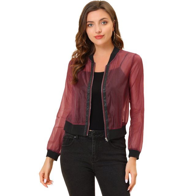 INSPIRE CHIC Women's Zip Up See Through Long Sleeve Bomber Jacket Red S