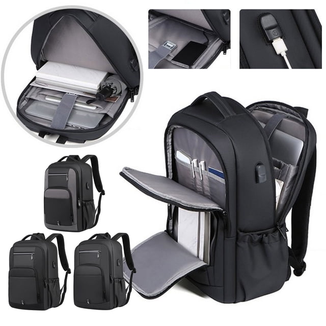 Vaidha Business Backpack Men's Computer Backpack Men's 17 Inch Large Capacity Student Backpack Travel Bag in black, made of water-resistant polyester with padded shoulder straps for comfort. Features include a USB charging port, theft-prevention zipper pocket, and separate compartments for shoes and wet items. Designed for laptops up to 14 inches and tablets up to 13 inches. Image shows open compartments with organized storage and a close-up of the USB port.
