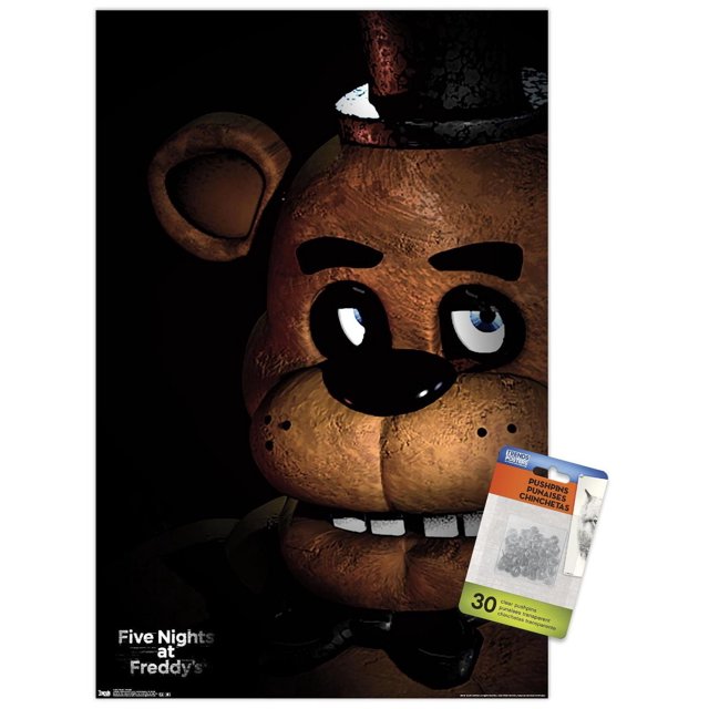 Five Nights at Freddy's - Affiche Murale Freddy, 14,725 Po x 22,375 Po, Présentant un Gros Plan Centré du Visage Brun Animatronique de Freddy Fazbear avec surface Texturée, Yeux Bleus, Nez Noir et Haut-de-Forme sur Fond Noir, Convient à la Décoration Murale de Chambre Ou de Bureau et aux Pièces à Thème Gaming.