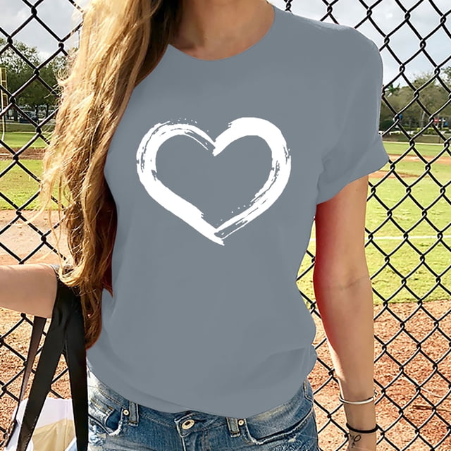EGNMCR T-Shirts pour Femmes Femmes Manches Courtes Col Rond Imprimé en Forme de Cœur Hauts Décontractés Blouse T-shirt