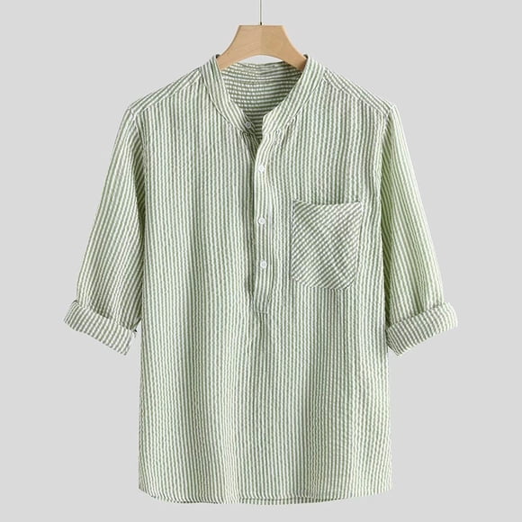 Aqestyerly Men Long Tops Men's Striped Shirt Linen Slim Long Sleeve Stand Collar Button Casual T-Shirt Shirt Top Blouse HWRETIE HWRETIE