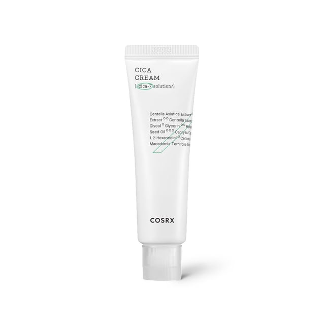 COSRX Pure Fit Cica Cream in a white 50ml tube with black and green text, containing Centella Asiatica extract and seven Cica ingredients to soothe and restore weakened skin barriers, moisturizing without greasy residue, ideal as a daily face moisturizer.
