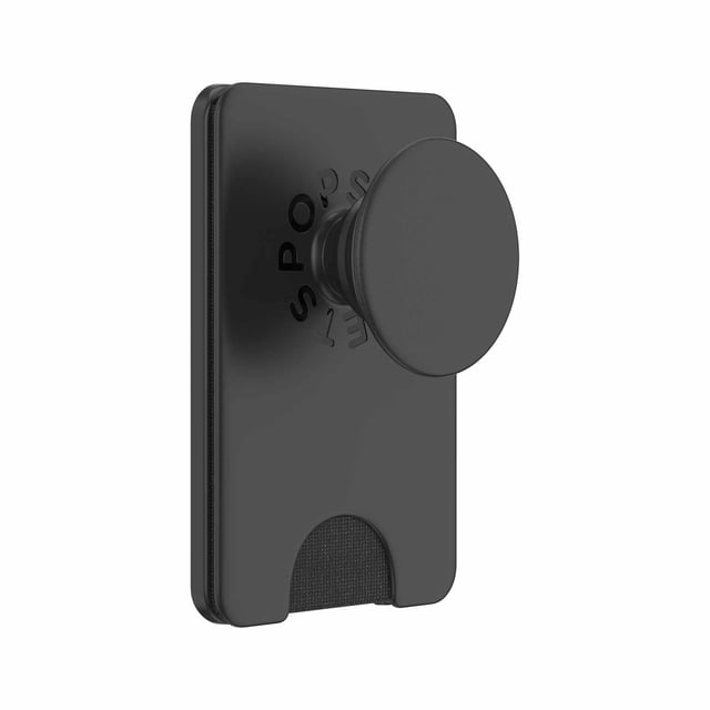 PopSockets PopWallet+ For MagSafe Round with Adapter Ring Black showing a matte black magnetic wallet with a round expandable grip, compatible with MagSafe cases, holding up to three cards securely while serving as a phone holder and stand.