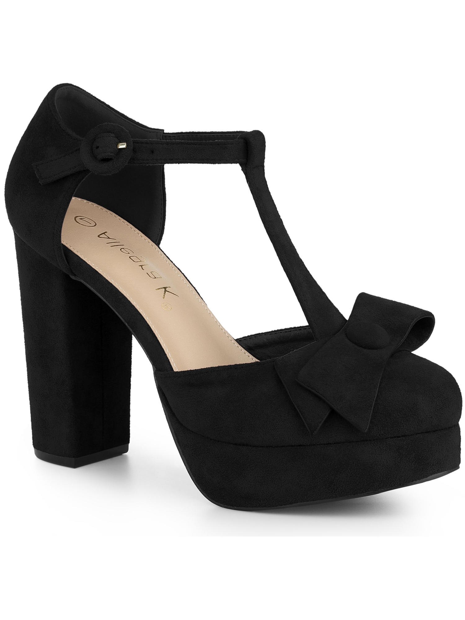 BLISSFUL STEP Women Round Toe Block Heel T Strap Pumps Black 11