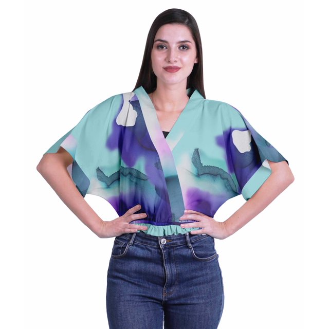 Moomaya Hauts Cache-Cœur pour Femmes Imprimés Taille Élastique Manches Boxy Blouse Cache-Cœur Décontractée