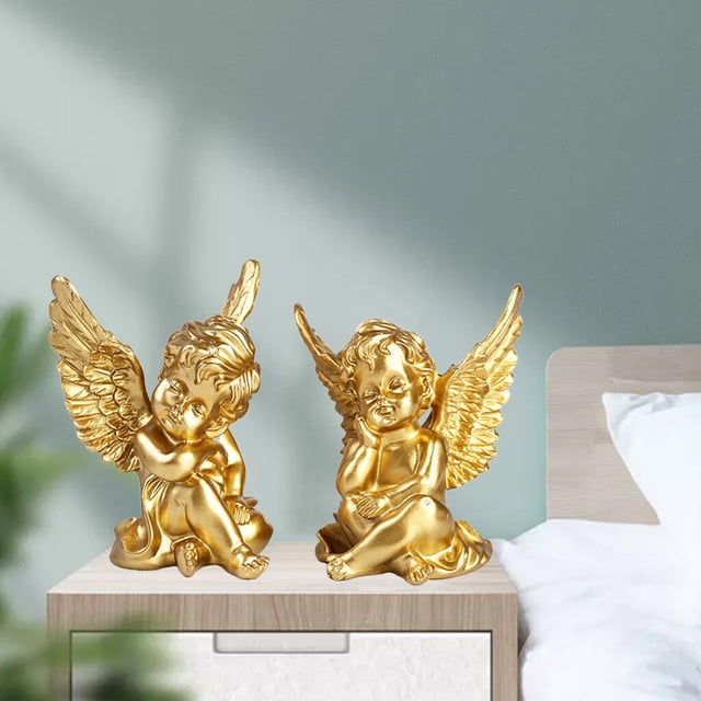 facefd 2pcs Cupid Angel Statue Tabletop Cherub Home Decor Garden Ornament Golden