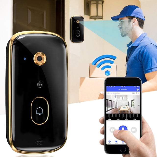 Smart Video Doorbell Camera with 1080P HD resolution, motion detection, and 120-day battery life. Features night vision, 2-way audio, and wireless connectivity. Includes a sleek black and gold design, compatible with iOS and Android via the X Smart-home app. Weatherproof and suitable for outdoor installation using screws or adhesive tape.