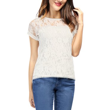 INSPIRE CHIC Haut en Dentelle Florale Transparent Décontracté à Manches Courtes pour Femme m Blanc