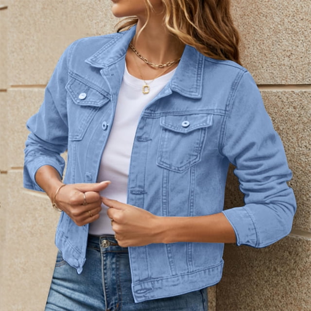 Pxiakgy Women's Basic Solid Color Button Down Denim Cotton Jacket With Pockets Denim Jacket Coat Blue XL
