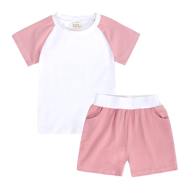 FAOWME Ensemble de Survêtement 2 Pcs pour Enfants Garçons Filles Été T-Shirt à Manches Courtes Col Rond avec Short Rose 7-8 Ans