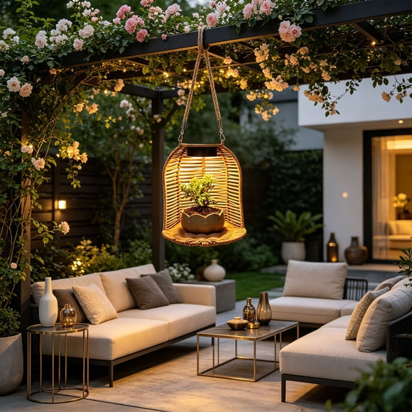 Lisbinx Solar-Powered Outdoor Garden Light, Waterproof Hanging Wall Lamp with Light Sensor, Rattan Woven Plastic, Brown Coffee, 1 Pack, 22 cm
