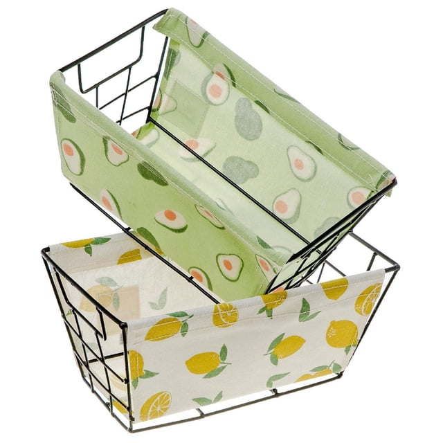 Panier de Rangement en Fil Métallique et Imprimé de Nourriture en Tissu - Ensemble de 2 avec Deux Paniers en Fil Métallique Robustes avec Doublures en Tissu Amovibles; une Doublure Est Verte avec des Motifs d'Avocat, l'Autre Crème avec des Motifs de Citron, Idéal pour le Rangement et l'Organisation de la Cuisine. Essentiels.