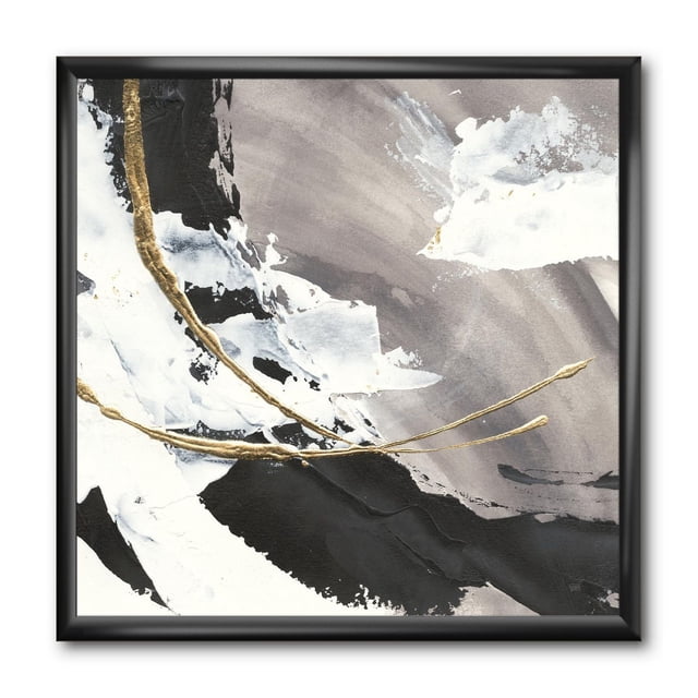 Designart Glam Painted Arcs II Framed Wall Art with abstract gold arcs over a textured black, white, and gray background, printed on premium cotton canvas with fade-resistant ink and mounted in a black 1.5-inch frame, suitable for modern home décor and includes a hanging kit.