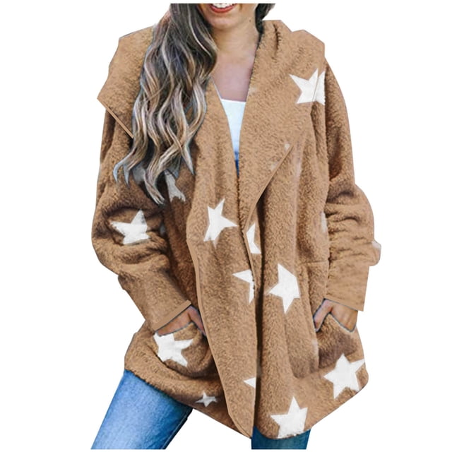 KIHOUT Womens Winter Long Sleeve Solid Fuzzy Fleece Open Front Hooded Cardigans Jacket Coats Outerwear with Pocket